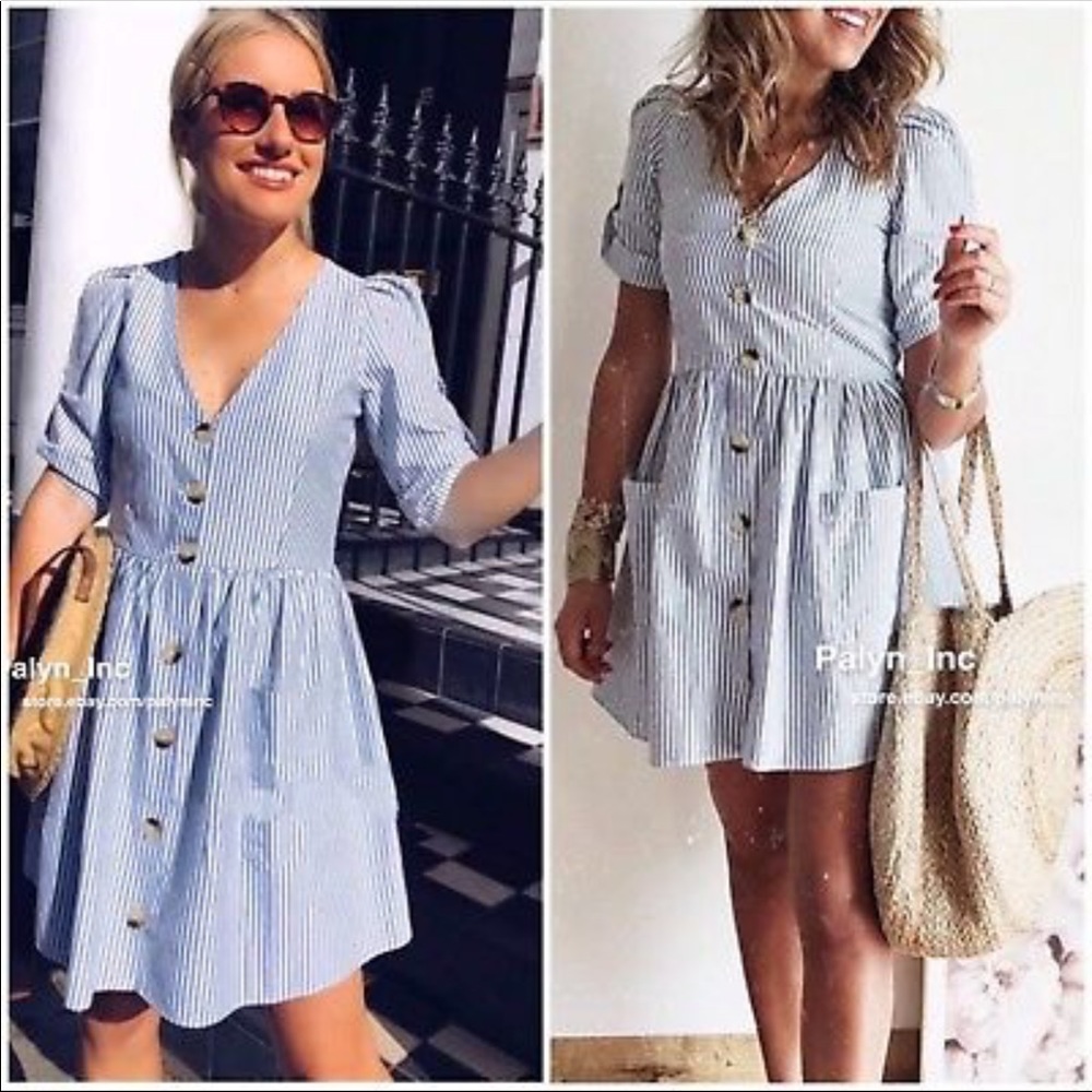 Zara blue striped dress with pockets